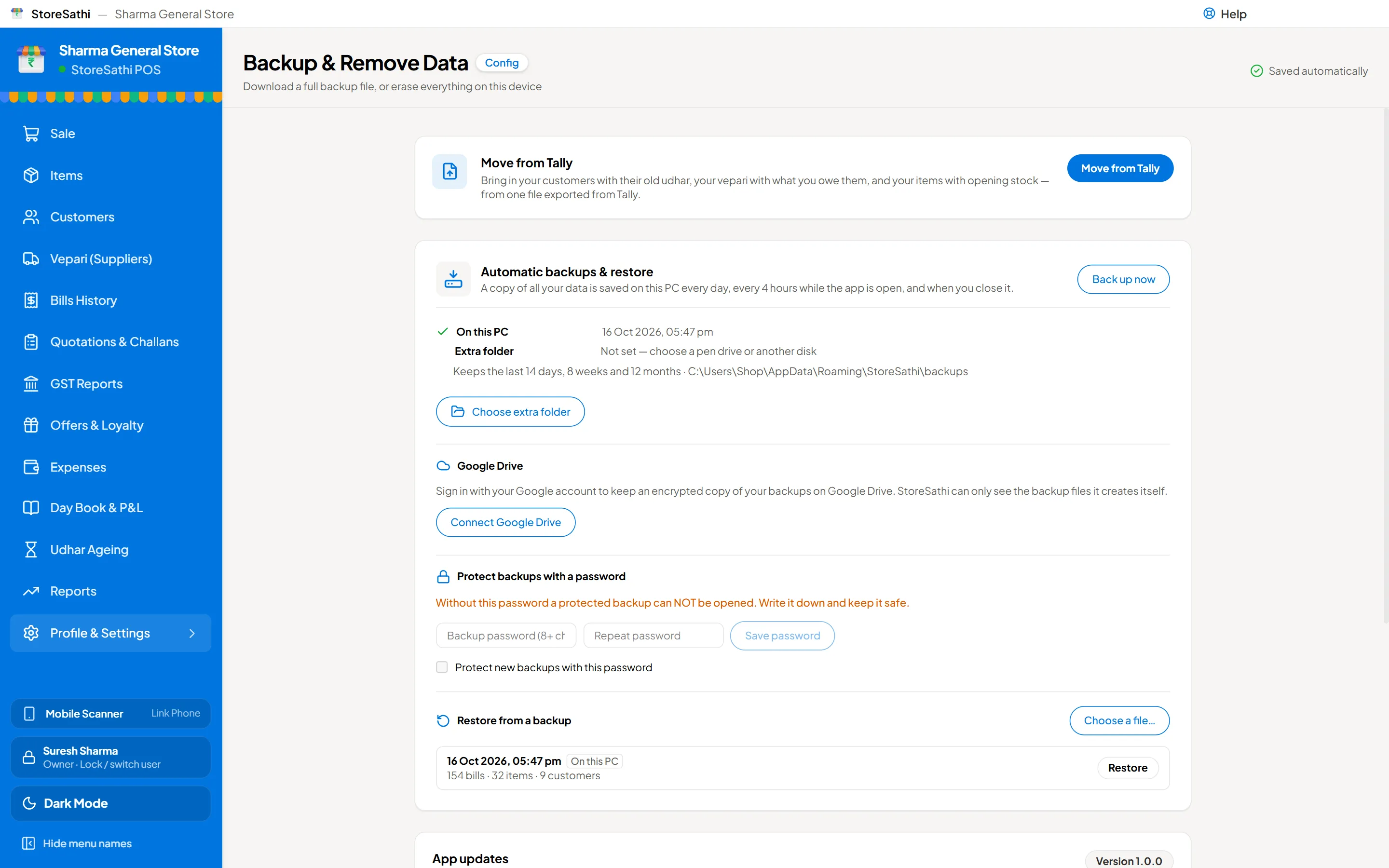 StoreSathi backup settings: automatic backups on this PC and Google Drive