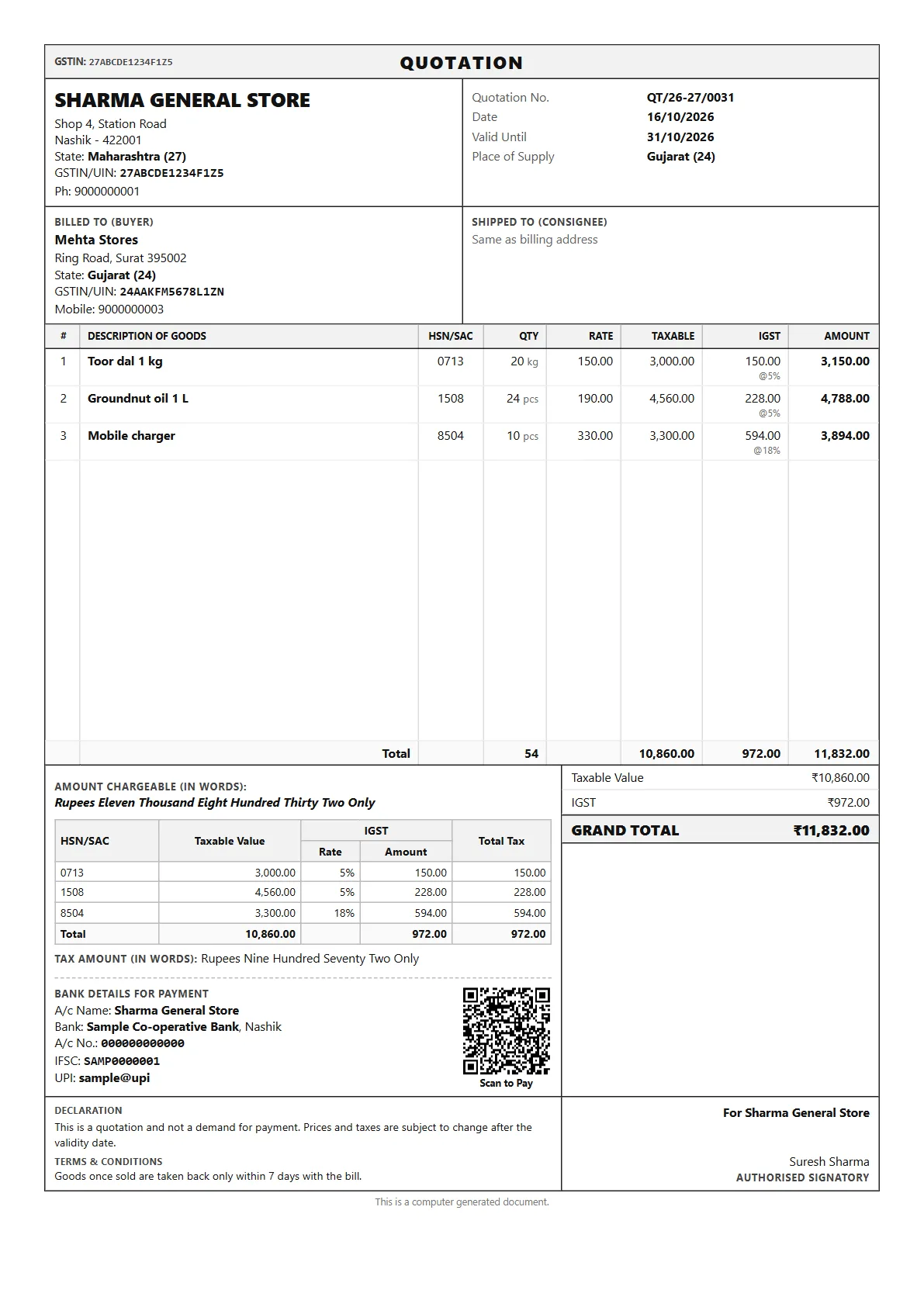 Sample A4 quotation from Sharma General Store to Mehta Stores, Surat, with IGST and a valid-until date